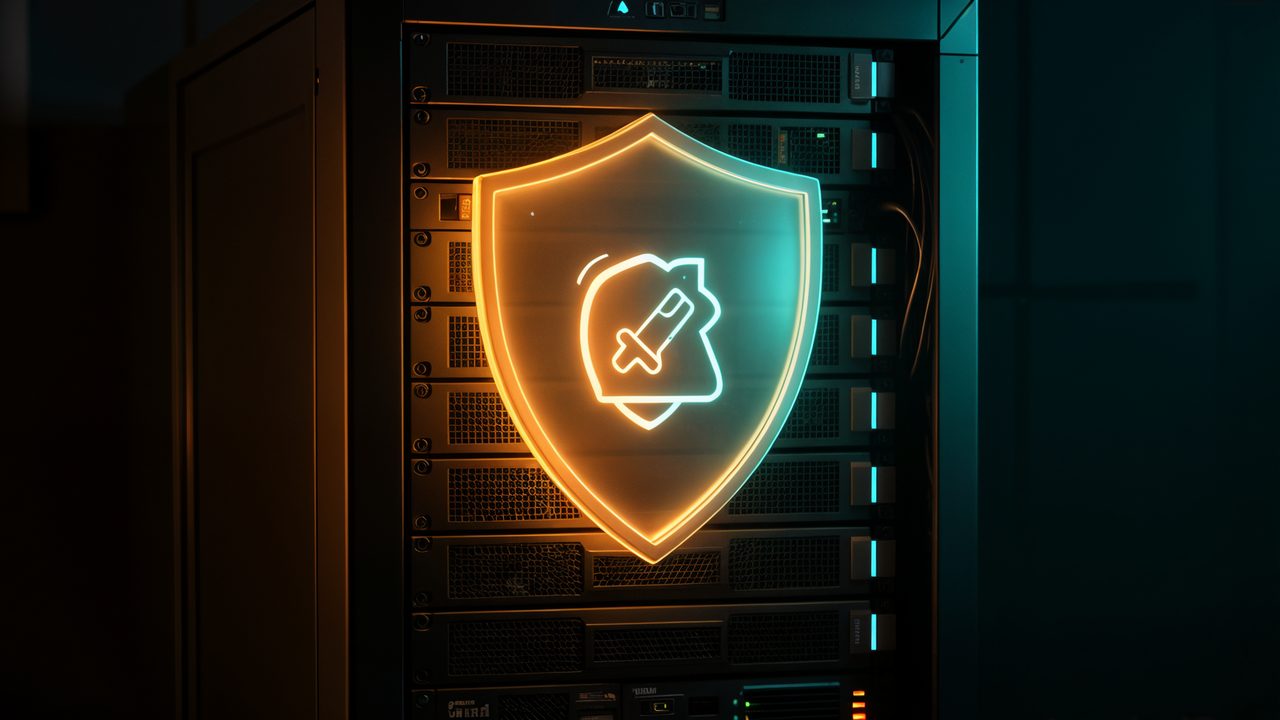A server rack with a protective shield and backup icon