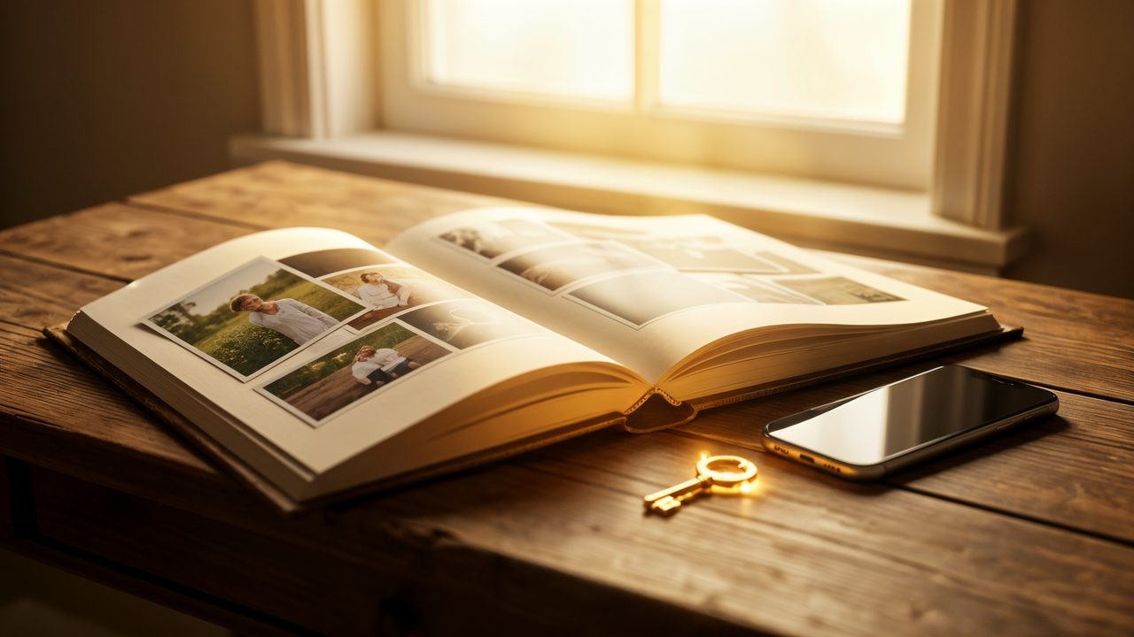 A desk with a photo album, smartphone, and a glowing key