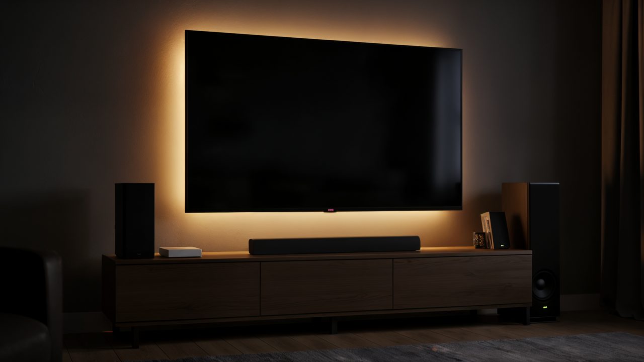 A modern home media setup with a large TV and soundbar