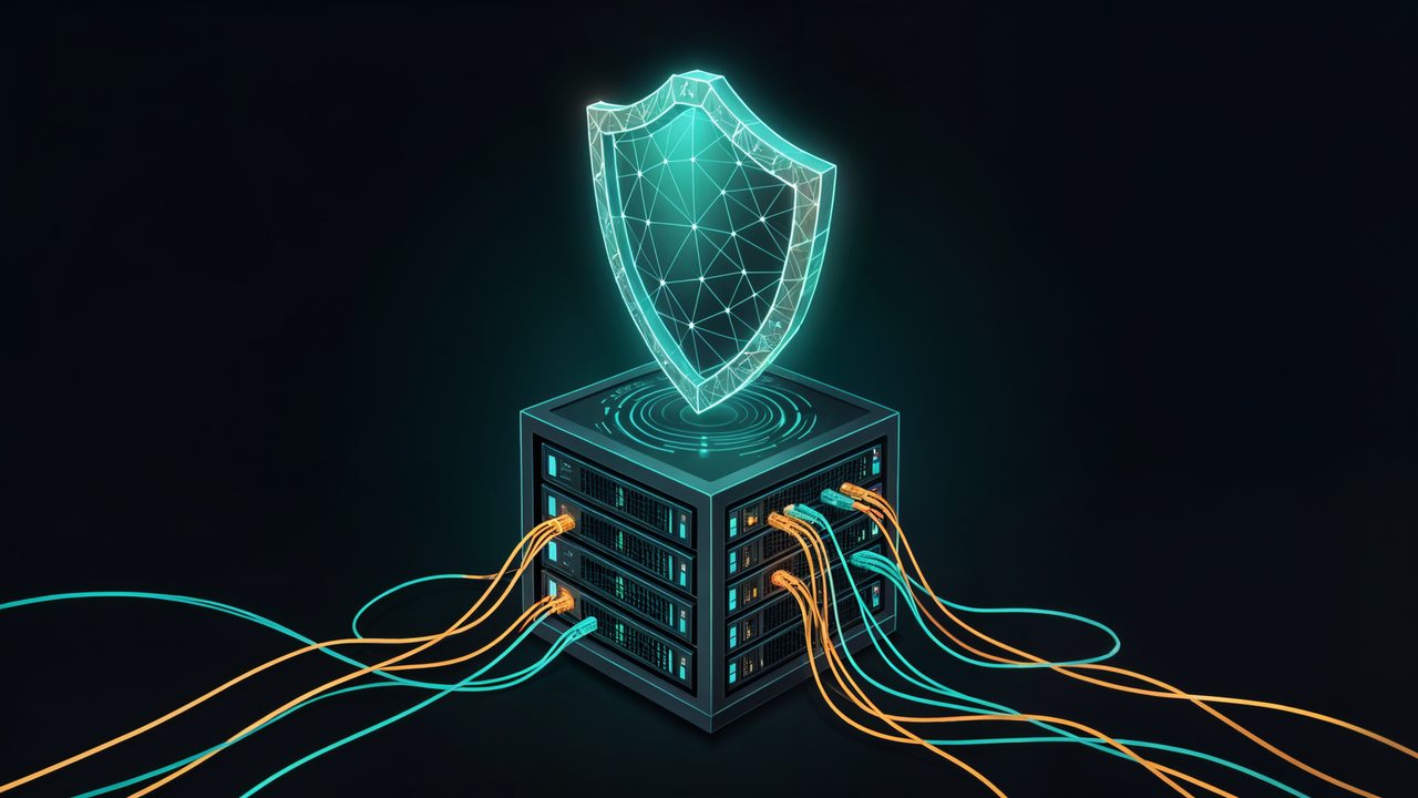 A glowing security shield over a server rack
