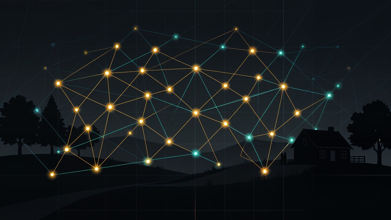 A mesh network of radio nodes across a rural landscape