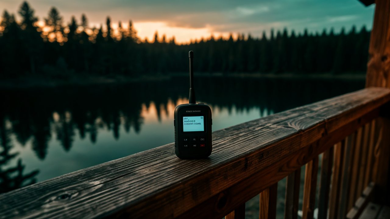 A Meshtastic LoRa radio node on a cabin porch at dusk