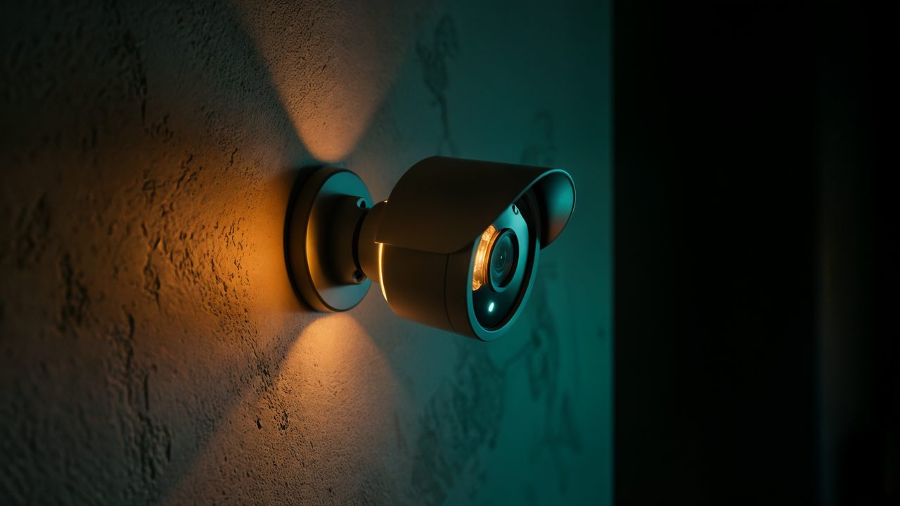 A security camera on a wall with a glowing indicator