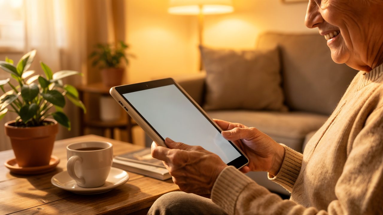 An elderly person's hands holding a tablet in a warm living room