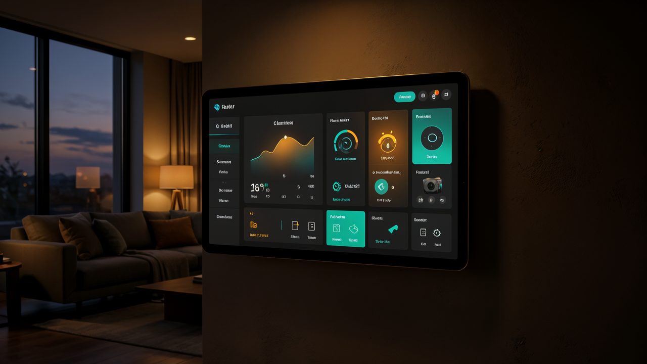 A smart home control dashboard on a wall tablet