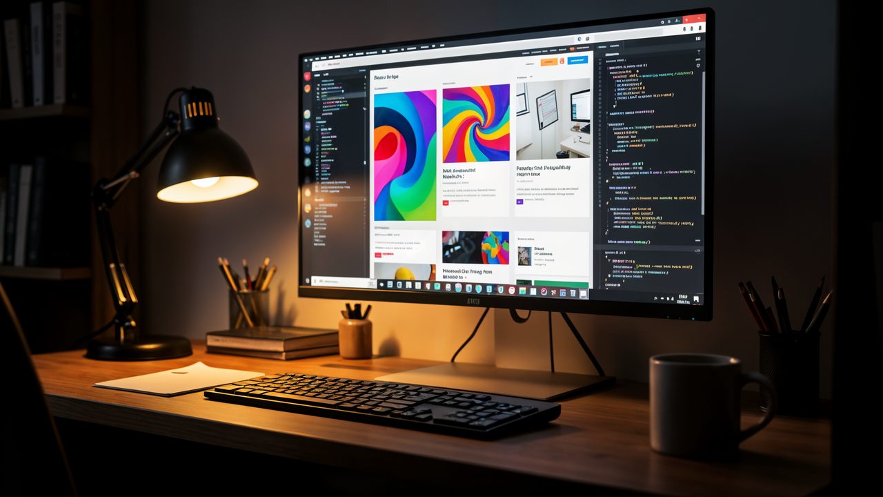 A designer's workspace with colorful web layouts