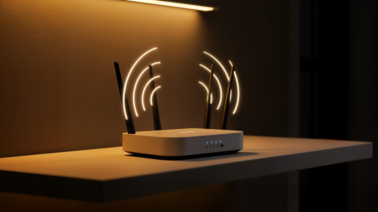 A wireless router with glowing signal waves